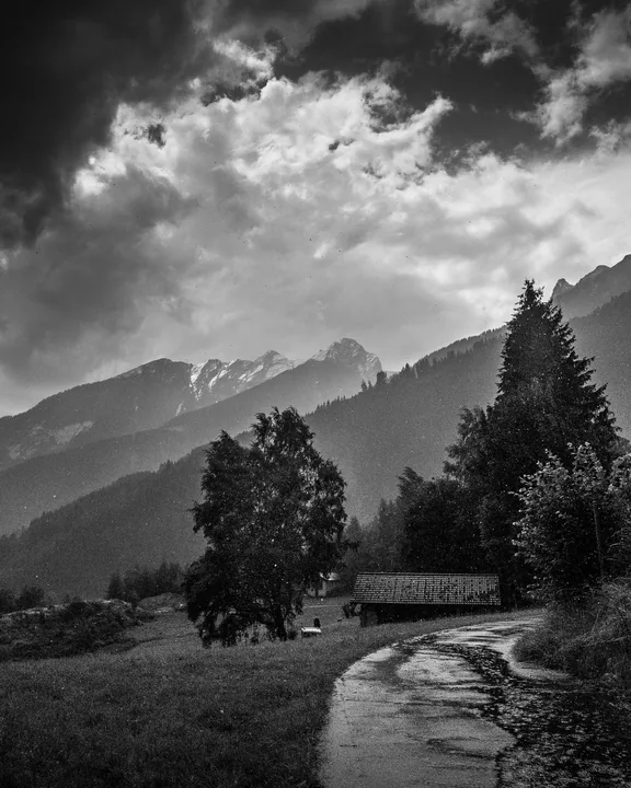 Une petite route courbe entre des arbres et une maison, sous les montagnes.